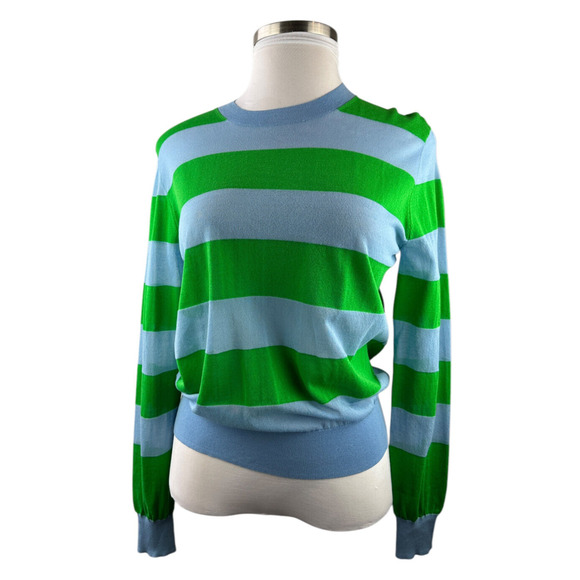 Diane Von Furstenberg Tops - Diane Von Furstenberg Blue & Green Striped Top LS Mesh Sheer Stretch Medium